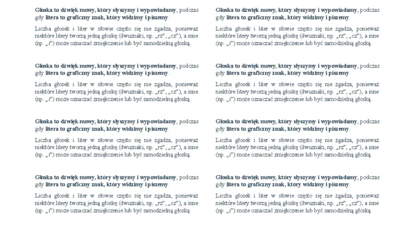Tekst z podziałem na dwie kolumny, wyjaśniający różnicę między głoską a literą.