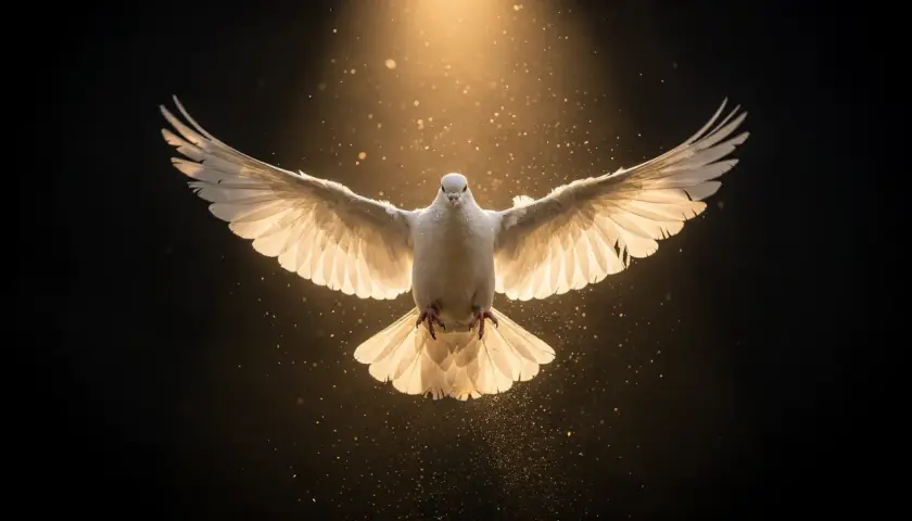 Una paloma blanca, iluminada por una luz dorada, parece flotar en la oscuridad. Es como soñar con palomas, un símbolo de paz y esperanza.
