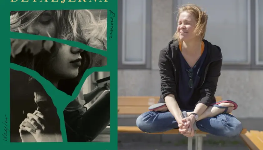 Bokomslag för "Detaljerna" av Ia Genberg, med en bild på författaren Ia Genberg sittande på en bänk.