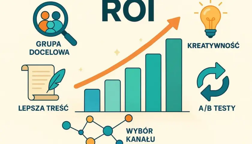 Wykres słupkowy z rosnącą strzałką symbolizuje wzrost ROI. Obok ikony grupy docelowej, lepszej treści, kreatywności, wyboru kanału i testów A/B, ilustrujące kluczowe wskaźniki skuteczności reklamy.