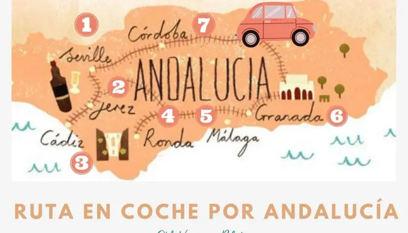 Mapa ilustrado de la ruta en coche por Andalucía, con ciudades como Sevilla, Cádiz, Jerez, Ronda, Málaga, Granada y Córdoba.