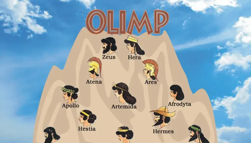 Na górze Olimpu, w chmurach, widać portrety greckich bogów: Zeusa, Herę, Atenę, Aresa, Apollina, Artemidę, Afrodyty, Posejdona, Hestię, Demeter i Hefajstosa. To wspaniałe mitologizmy!