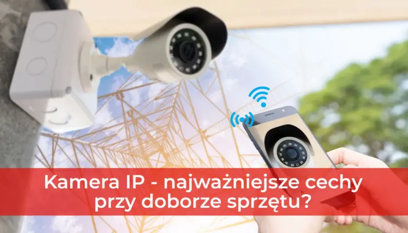 Nowoczesna kamera IP umożliwia monitoring mieszkania przez telefon. Widok z kamery na smartfonie, w tle maszt.