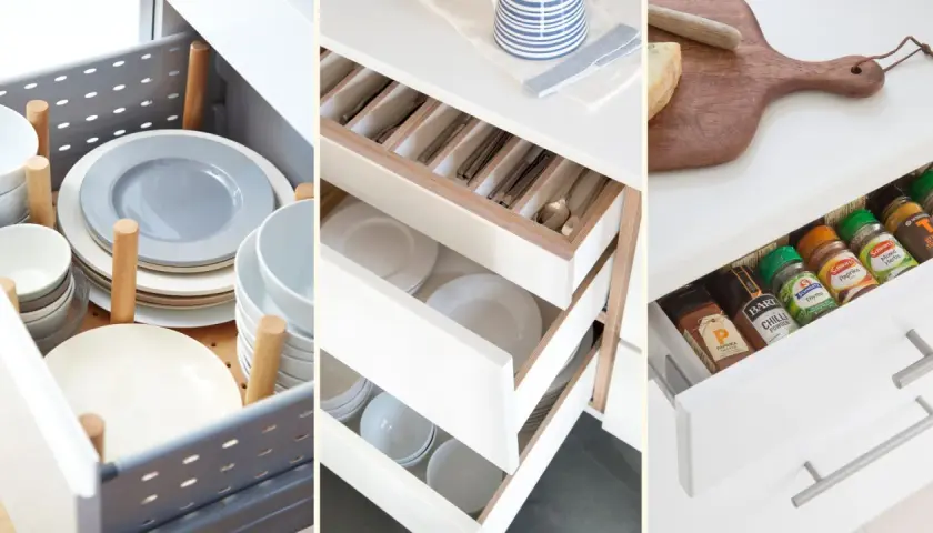 Tips on how to organize kitchen drawers: neatly stacked plates, cutlery in dividers, and spices arranged for easy access.