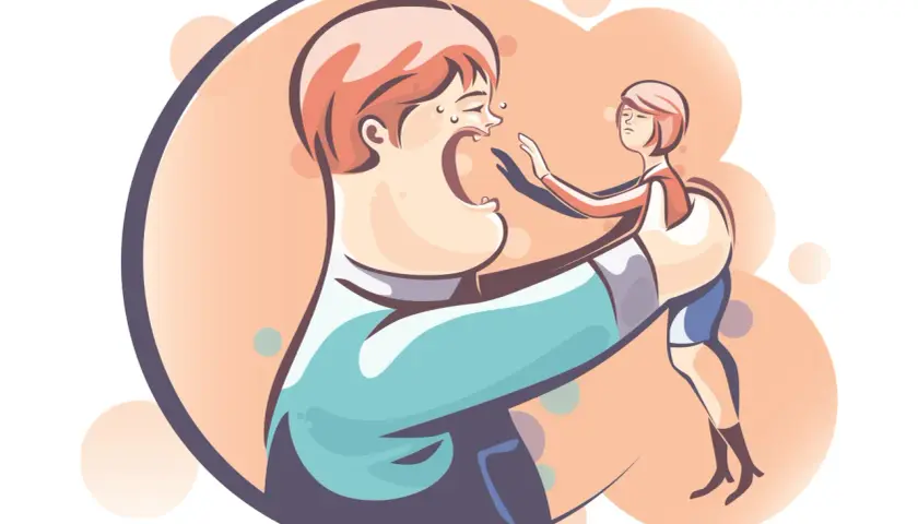 Un genitore disperato cerca risposte su cosa fare quando un figlio ti tratta male. La figura del genitore è enorme, quella del figlio piccola e ribelle.