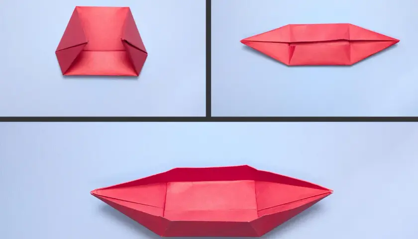 Passaggi per creare una barchetta di carta rossa. La prima immagine mostra la base, la seconda la forma allungata, la terza la barchetta aperta.