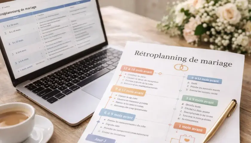 Un rétroplanning de mariage sur papier, à côté d'un ordinateur portable et d'une tasse de café.