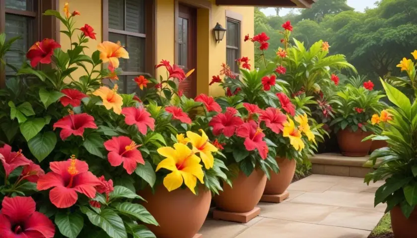 En rad krukor med färgstark hibiskus blomma i rött, gult och orange pryder en solig uteplats framför ett gult hus.