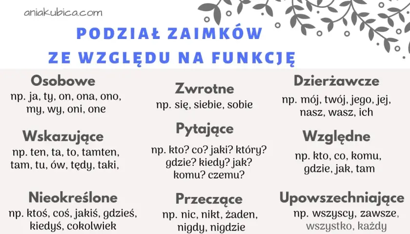 Podział zaimków ze względu na funkcję: osobowe, zwrotne, pytające, wskazujące, nieokreślone, przeczące, dzierżawcze, względne, upowszechniające.