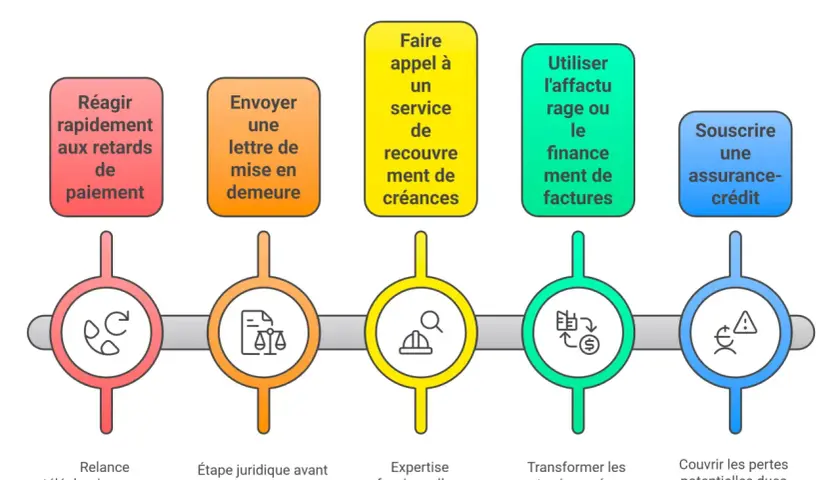 Schéma des stratégies de gestion des impayés : relance, mise en demeure, recouvrement, affacturage, assurance-crédit. Utile pour savoir quand porter plainte pour argent non rendu.