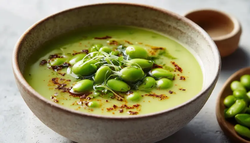 A vibrant green soup, possibly a creamy pea or edamame soup, is garnished with fresh japanese mame beans and microgreens.