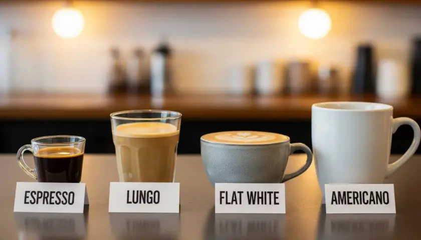 Cztery kawy: espresso, lungo, flat white i americano, prezentowane w szklanych i ceramicznych naczyniach.