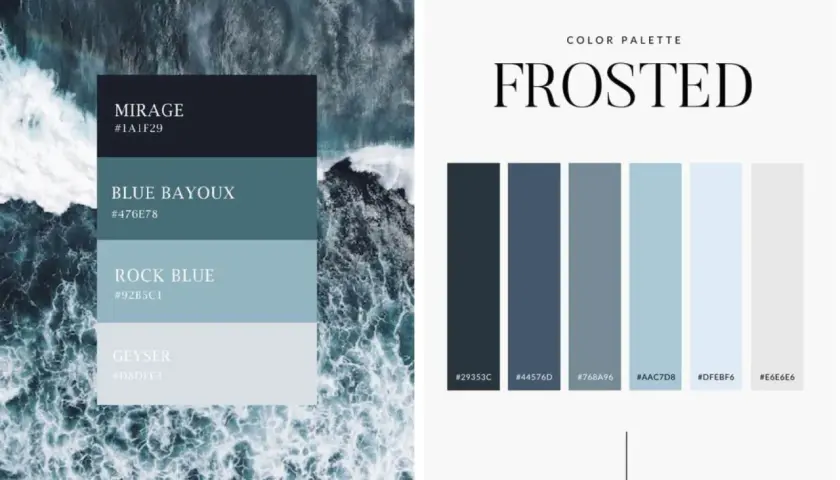 Palette "Frosted" con tonalità di colore blu ispirate al mare in tempesta e alle sfumature ghiacciate.