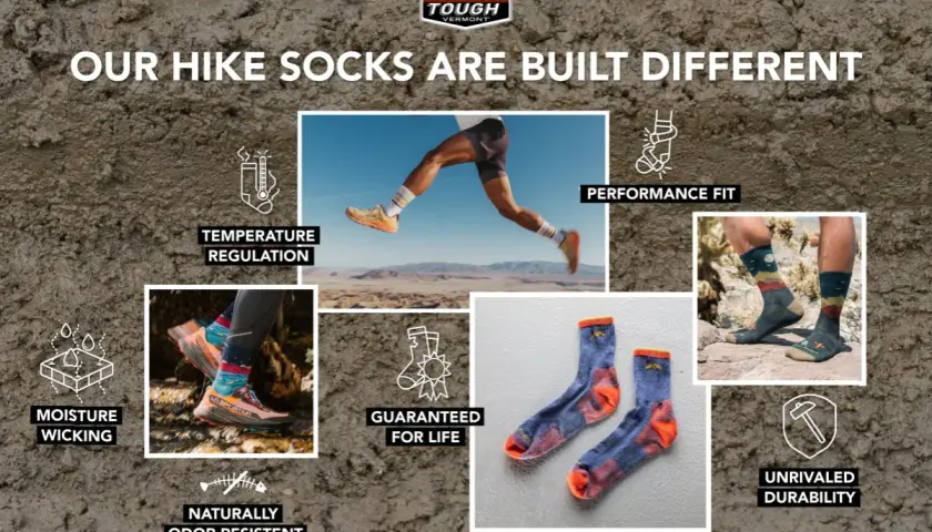 Are hiking socks necessary? This ad shows Darn Tough socks are built different with temperature regulation, moisture wicking, and unmatched durability.