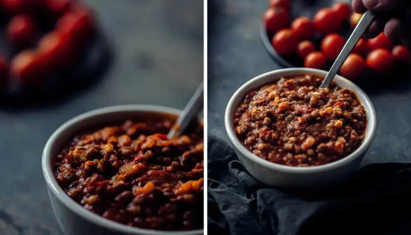 Un tazón de boloñesa de lentejas, con tomates cherry al fondo.