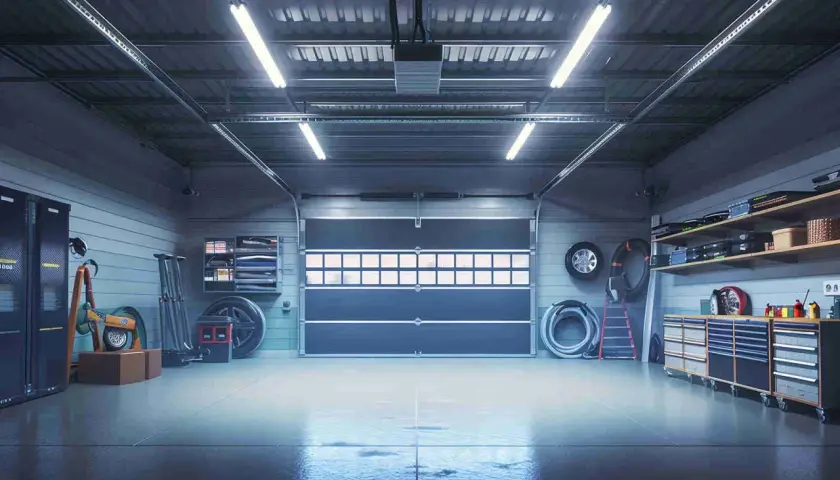 Illuminazione garage consigli: un interno ben illuminato con luci a soffitto, porte chiuse, armadi e attrezzi.