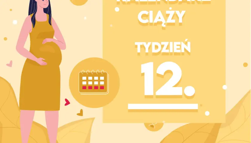 Kobieta w żółtej sukience, w 12 tygodniu ciąży, trzyma dłoń na brzuchu. Obok kalendarz i napis "Kalendarz ciąży, tydzień 12".