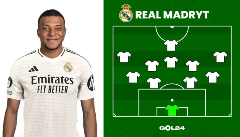 Mbappé w białej koszulce Realu Madryt obok schematu taktycznego.