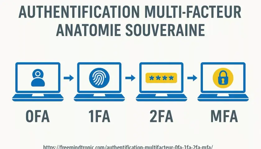 Illustration montrant l'évolution de l'authentification : d'un facteur (OF A) à l'authentification multi-facteur (MFA) via empreinte digitale et mot de passe.