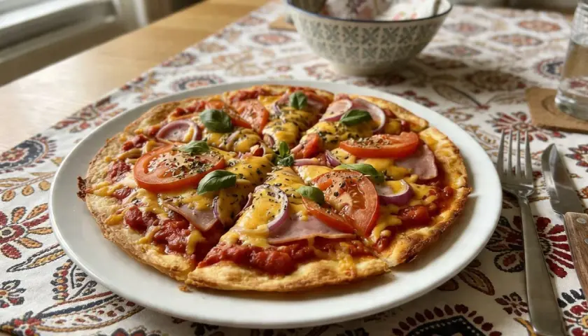 Pyszna pizza z tortilli z pomidorami, cebulą, szynką i serem, ozdobiona bazylią. Idealna na szybki obiad.