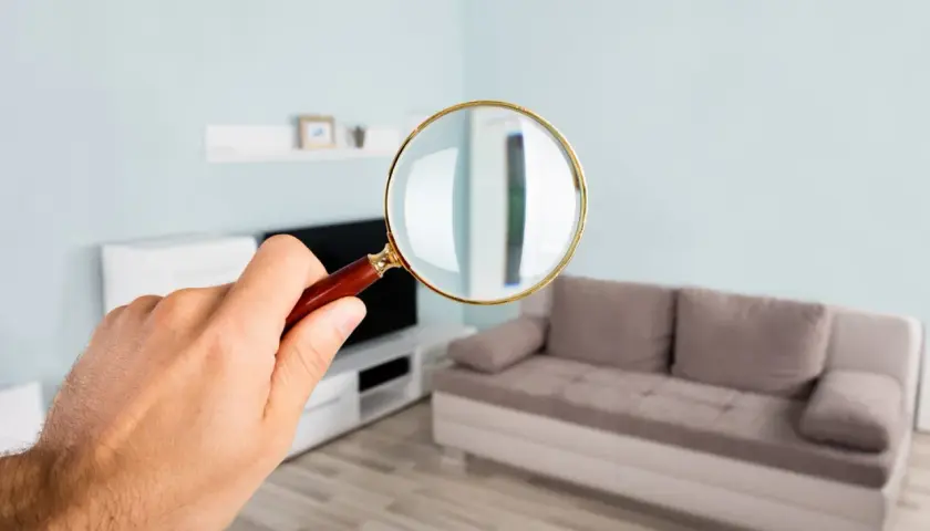 Main d'un homme tenant une loupe pour examiner un appartement. Que vérifier avant d'acheter un appartement ?