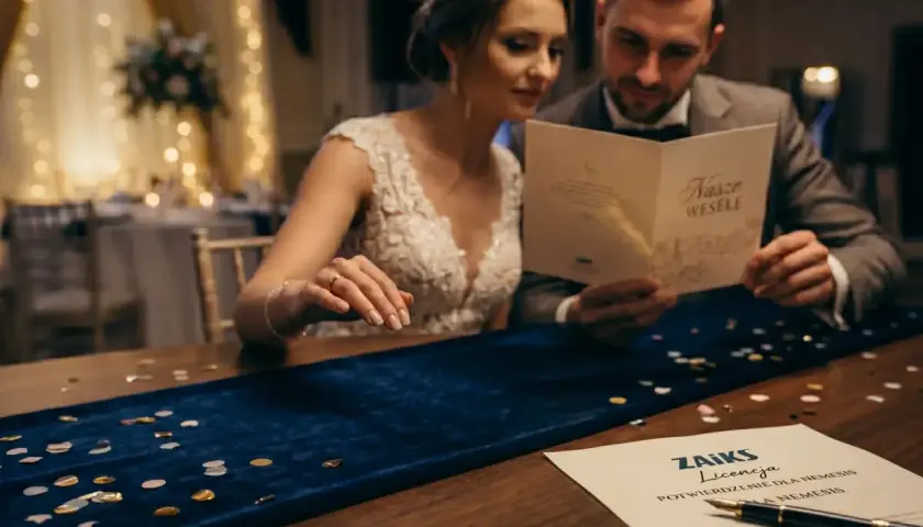 Para młoda przegląda kartkę "Nasze Wesele". Na stole leży dokument ZAIKS Licencja.