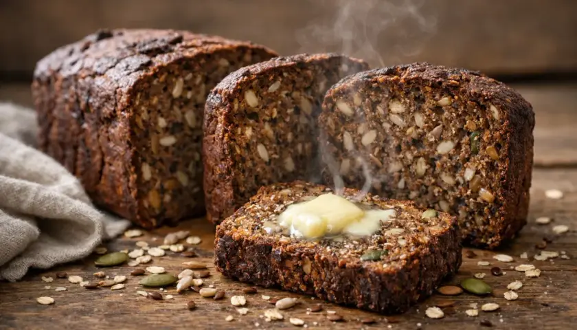Tranche de pain nordique recette, garnie de beurre fondant et de vapeur s'échappant. Des graines et des flocons d'avoine parsèment la planche en bois.