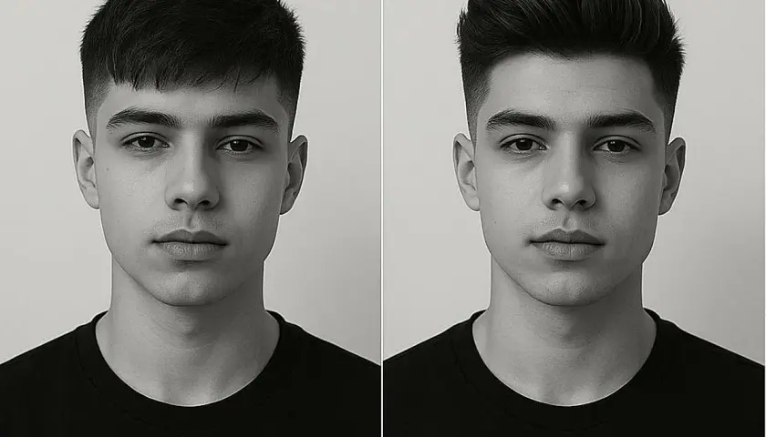 Dos estilos de peinado para hombre: un corte corto y moderno con flequillo recto, y otro con volumen y degradado. ¡Ideas para los mejores cortes de pelo hombre!
