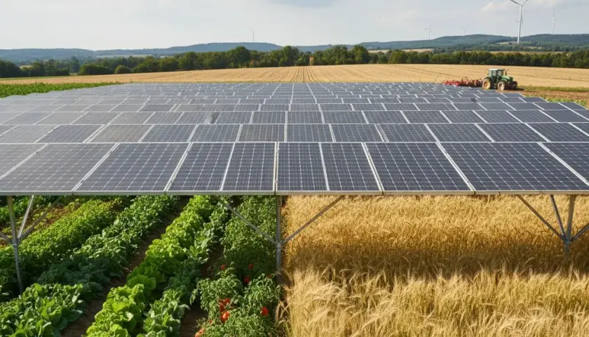 Un impianto agrivoltaico con pannelli solari sopra ortaggi e campi di grano. Un trattore lavora sullo sfondo, con pale eoliche all'orizzonte.