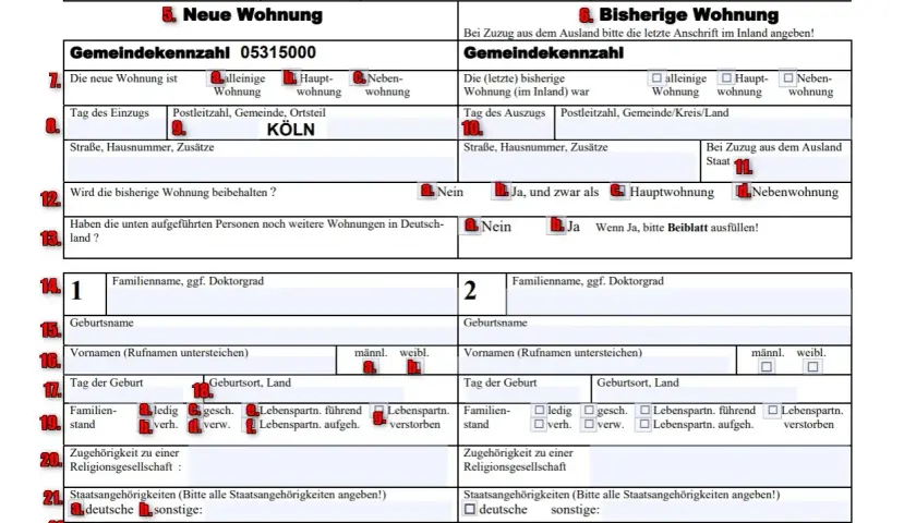 Formular zur Anmeldung einer neuen Wohnung in Köln. Sekcja dotyczy zameldowanie bez umowy najmu.