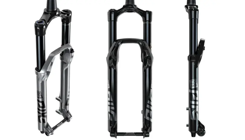 Three views of the RockShox Pike Ultimate fork, ready for a review.