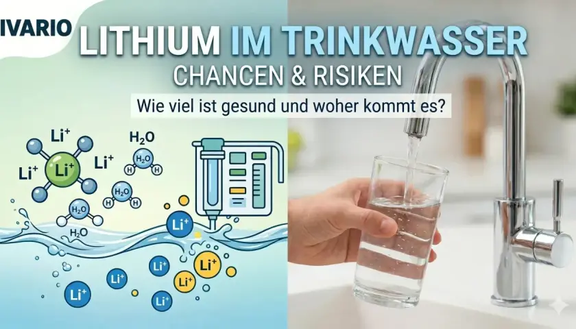 Grafik zeigt chemische Formeln von Lithium und Wasser, daneben ein Wasserhahn, der in ein Glas füllt. Thema: Lithium im Trinkwasser – Chancen & Risiken.