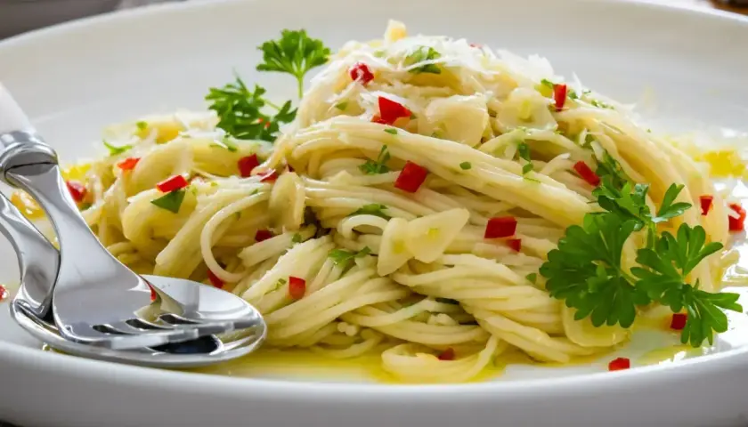 Spaghetti aglio e olio z gotowym sosem, posypane parmezanem i chili. Szybki i pyszny obiad.