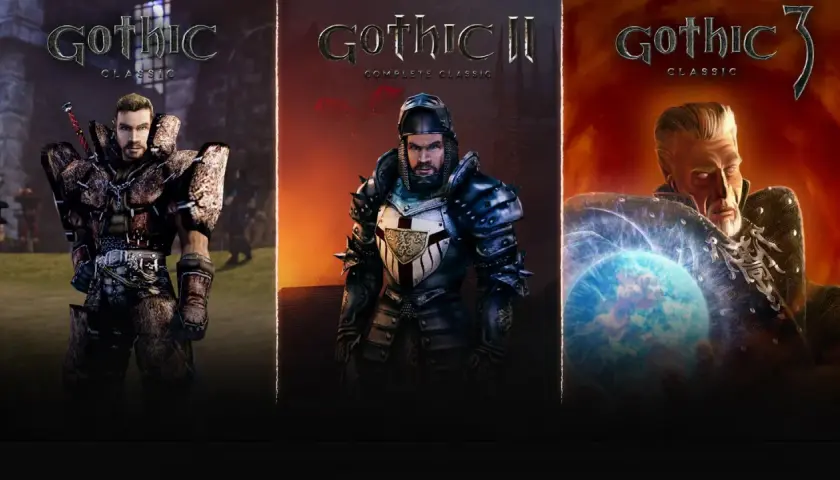 Trzej bohaterowie w zbrojach z gier Gothic Classic, Gothic II Complete Classic i Gothic 3 Classic.