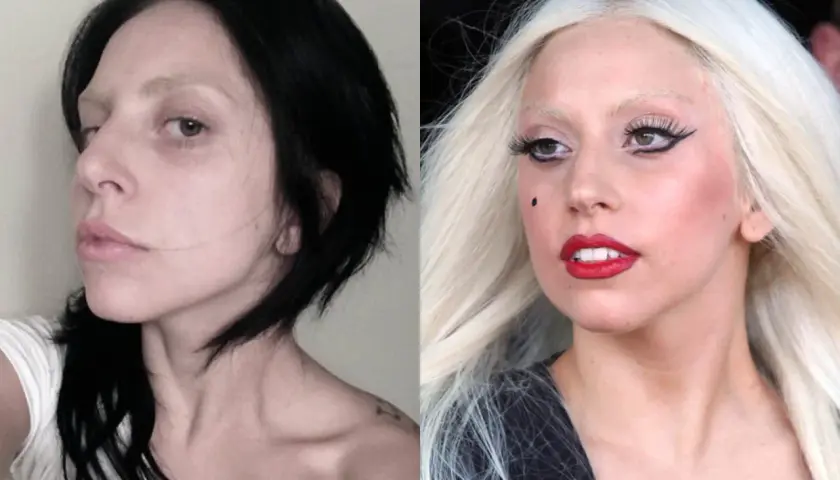 Lady Gaga kiedys: porównanie naturalnego wyglądu z czarnymi włosami i ikonicznego wizerunku z blond peruką i mocnym makijażem.