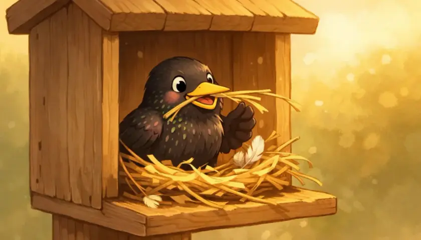 Ein süßer Vogel baut sein Sternennest mit Stroh.