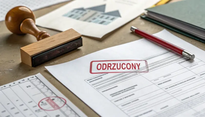 Dokument z pieczątką "ODRZUCONY" i pieczątką okrągłą, sugerujące zgłoszenie samowoli budowlanej.