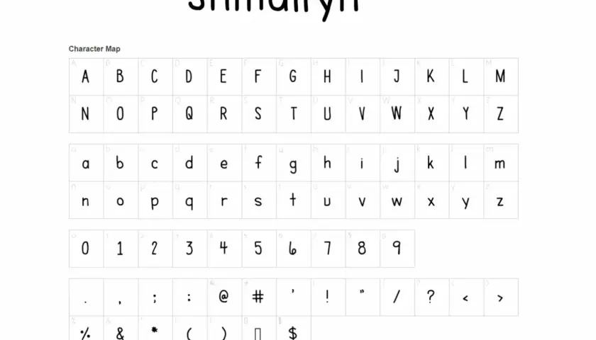 Mapa de caracteres con el nombre "Shmallyn". Muestra el abecedario completo en **letra imprenta**, números y símbolos.