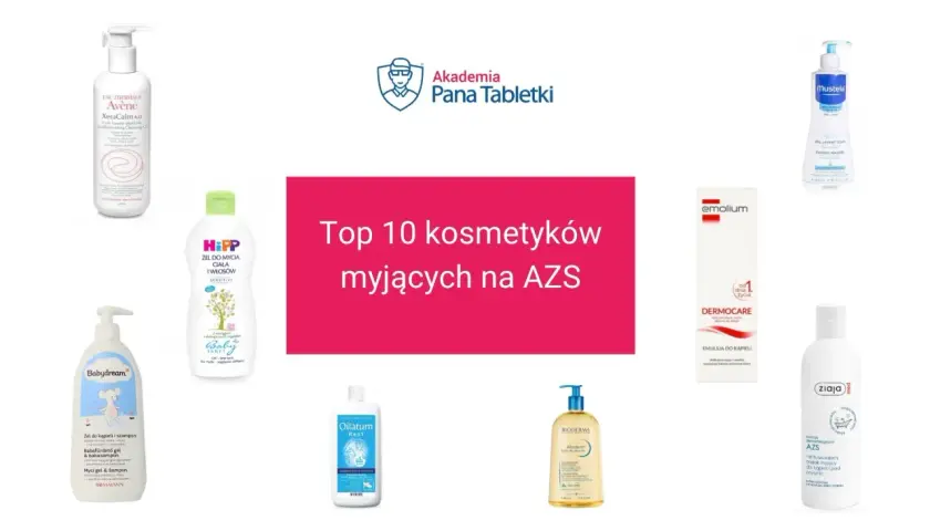 Top 10 kosmetyków myjących na AZS: delikatne żele i emulsje dla alergików od Avène, HiPP, Emolium, Mustela, Babydream, Oilatum, Bioderma, Ziaja.