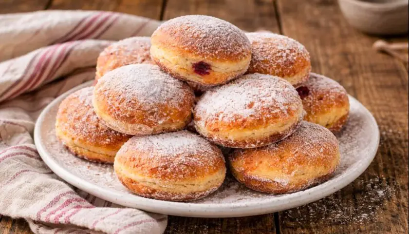Ein Haufen frisch gebackener Berliner, bestäubt mit Puderzucker. Dieses berliner rezept ist ein Genuss für jeden Kaffeetisch.