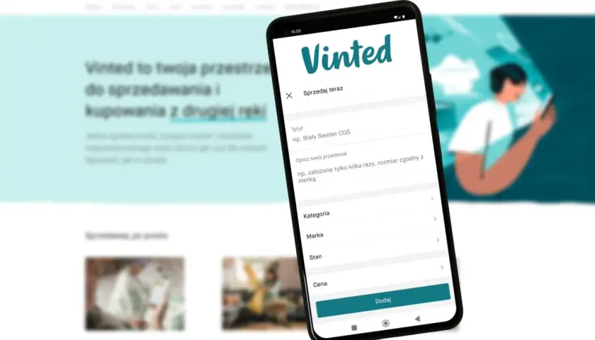 Na ekranie telefonu widać aplikację Vinted, gdzie można sprzedawać rzeczy. Dowiedz się, od ilu lat można sprzedawać na Vinted, by zacząć zarabiać.