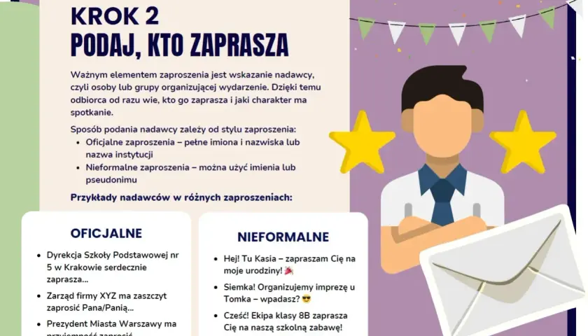 Jak powinno wyglądać zaproszenie? Krok 2: Podaj, kto zaprasza. Ilustracja pokazuje oficjalne i nieformalne przykłady nadawców zaproszeń.