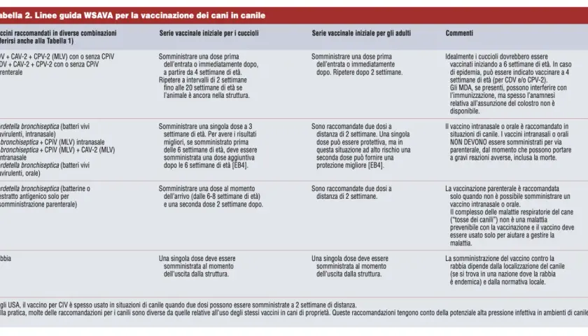 Table showing dog vaccination guidelines, including vaccine types, schedules, and comments.
