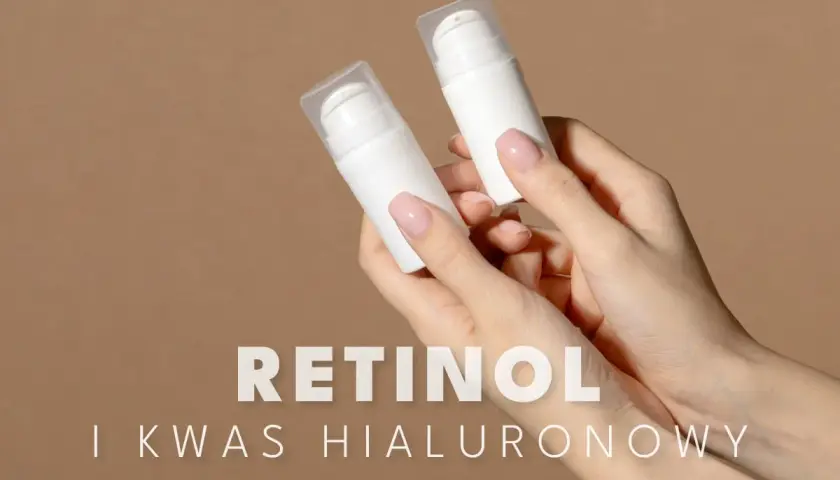 Dwie białe buteleczki z pompką w dłoniach. Tekst: RETINOL I KWAS HIALURONOWY.