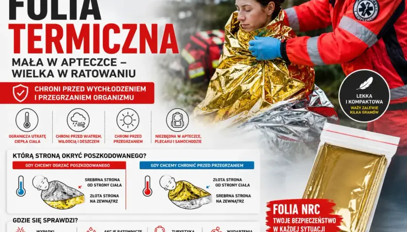 Folia termiczna: jak używać, by chronić przed wychłodzeniem i przegrzaniem. Instrukcja okrywania poszkodowanego.