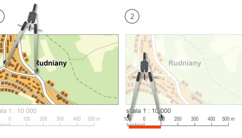 Dwa fragmenty mapy z miejscowości Rudniany, pokazujące skalę i cyrkiel. Pomocne przy planowaniu odległości kolejowych w Polsce.