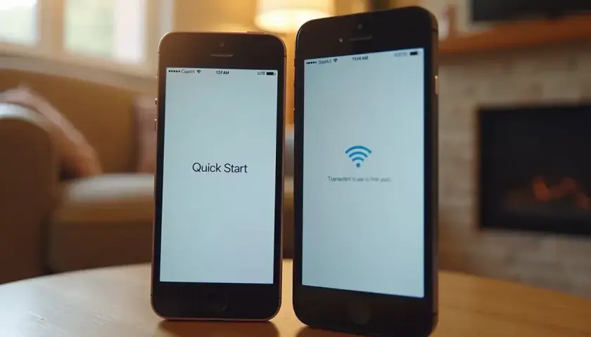 Dwa iPhone'y obok siebie. Na jednym "Quick Start", na drugim symbol Wi-Fi. Ułatwiają one proces, jak przenieść dane z iPhone na iPhone.