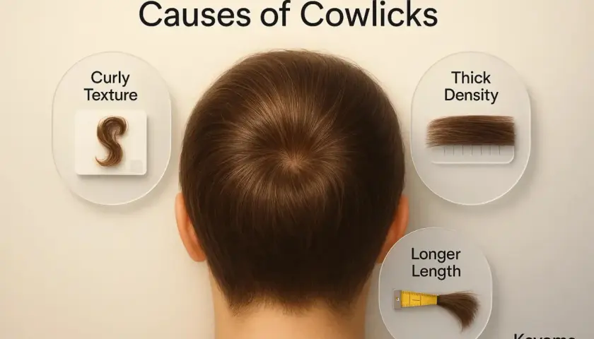 El remolino pelo en la coronilla, junto a la textura rizada, densidad y longitud, explican las causas de las "cowlicks".