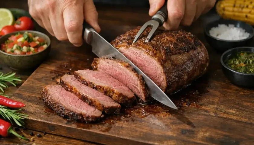 Délicieuse picanha recette, tranchée sur une planche en bois, accompagnée de salsa, d'épices et de maïs grillé.