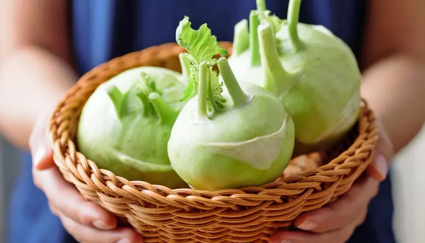 Frische Kohlrabi in einem Korb, bereit zur Lagerung. Die grünen Knollen mit ihren Stielen sind ein Zeichen für gute Qualität.